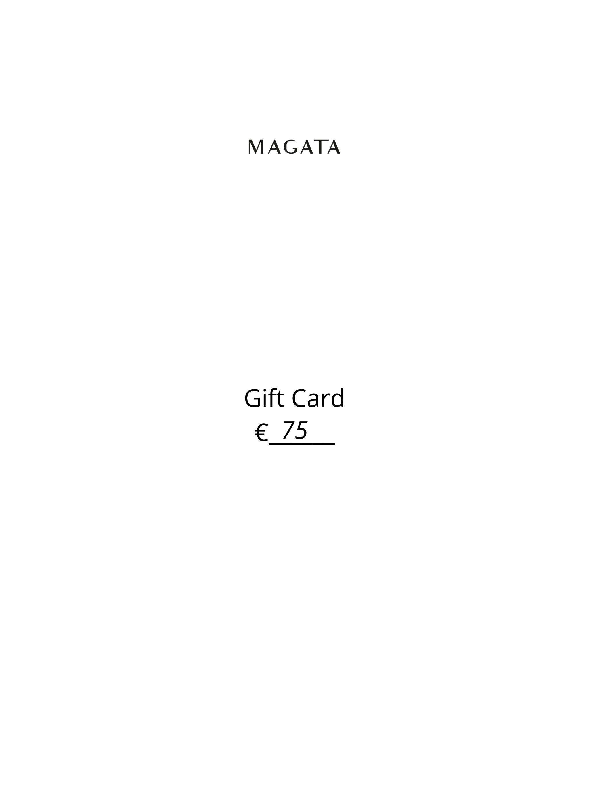 Gift card with 'MAGATA' branding and a value of €75 on a white background